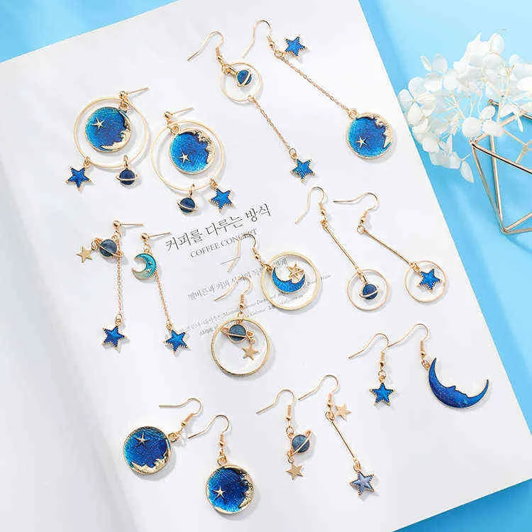 2018 Nya Creative Blue Universe Asymmetriska Örhängen för Girl Ear Tillbehör Söt Moon Star Drop Pendientes Tassel Brincos G220312