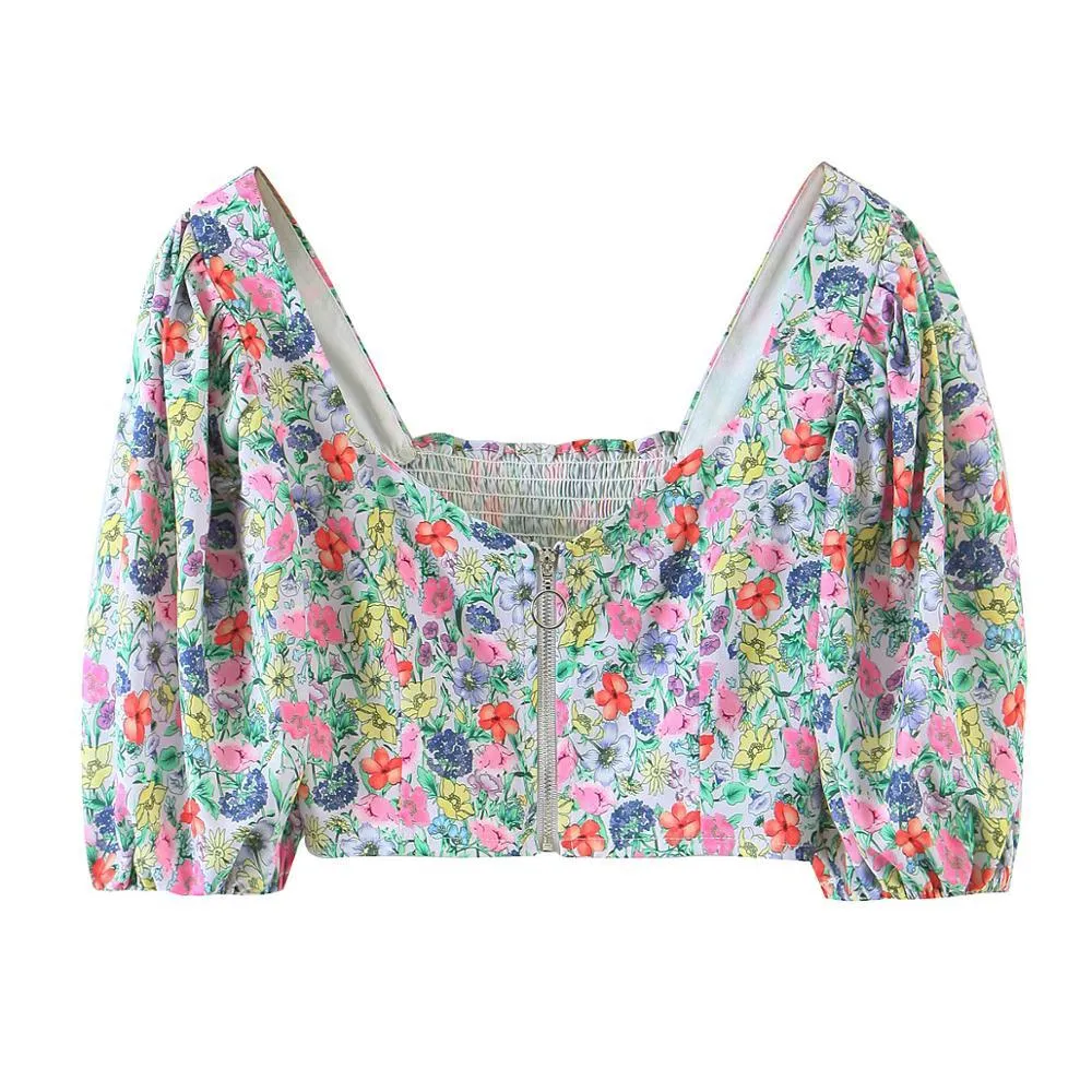 Centrum Rits Katoen Floral Print Korte T-shirt Crop Top Sexy Vrouwen Hem Slit Mini Rok Puff Sleeve Tops 2 Stuks Set 210429