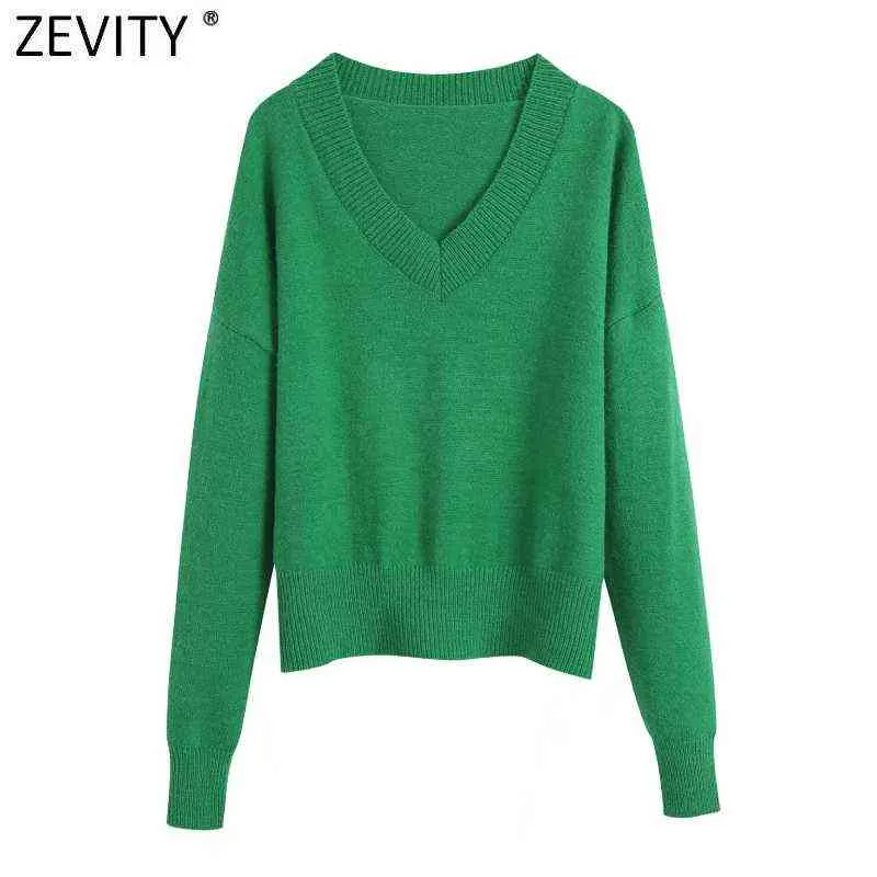 Zevity Mujeres Simplemente V Cuello Suave Toque Casual Púrpura Tejer Suéter Femenino Chic Básico Manga Larga Jerseys Marca Tops SW901 211215