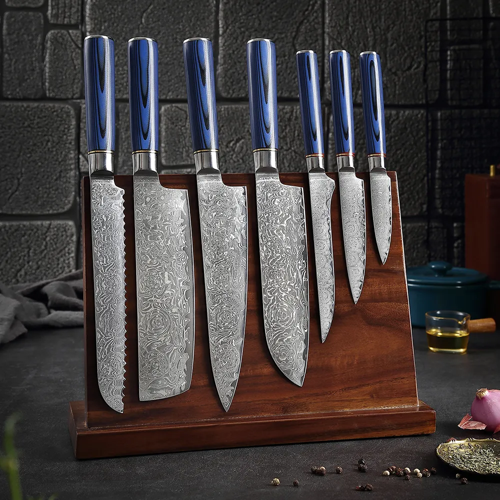 XITUO VG10 Damascus Staal Keukenmes Set 1-Luxe Blauw G10 Handvat Scherp Damascus Koksmes hakmes Santoku mes