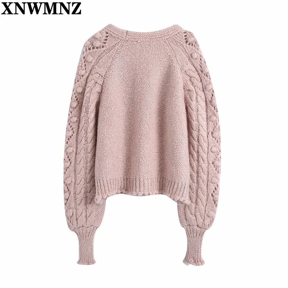 Kvinnor estetisk V-Neck Ball Appliques Cardigan Knitting Sweater Lady Långärmad Casual Knappar Tröjor Chic Toppar 210520