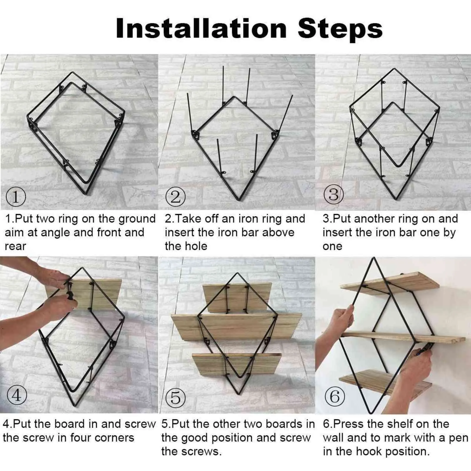 Retro Rhombus Wood Ferro Artesanato Estante de Parede Multi-função Estendas Armazenamento Arte Home Exibir Decoração de Estilo Industrial 211102