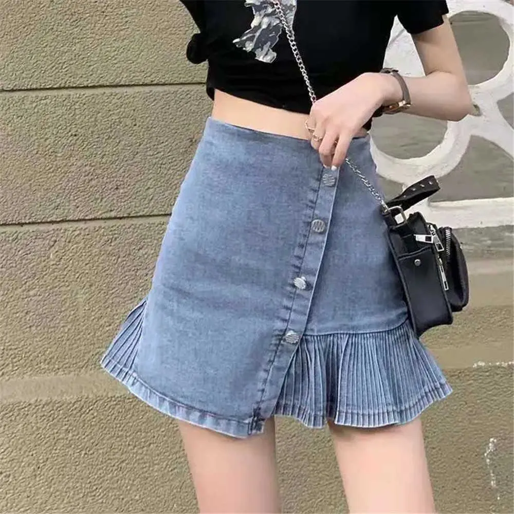 Vintage Harajuku A-Line Denim Mini Pleated Skirt Women Summer High Waist Jeans Preppy Style Mermaid Short Skirts Female 210619