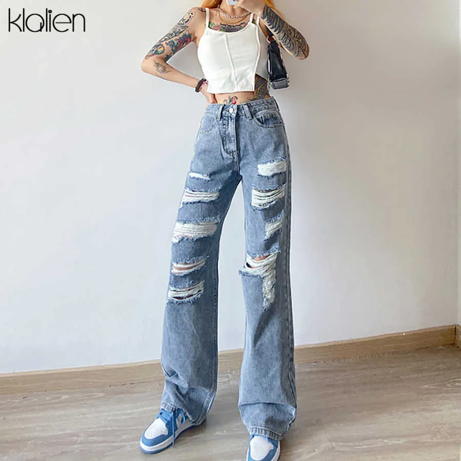 Klalien Street Casual Drapeau Lâche Taille Haute Taille Bleu Solide Coton Jeans Femmes Office Lady Lady Jambe Jeune Jeans Automne Tissu Pantalon H0908