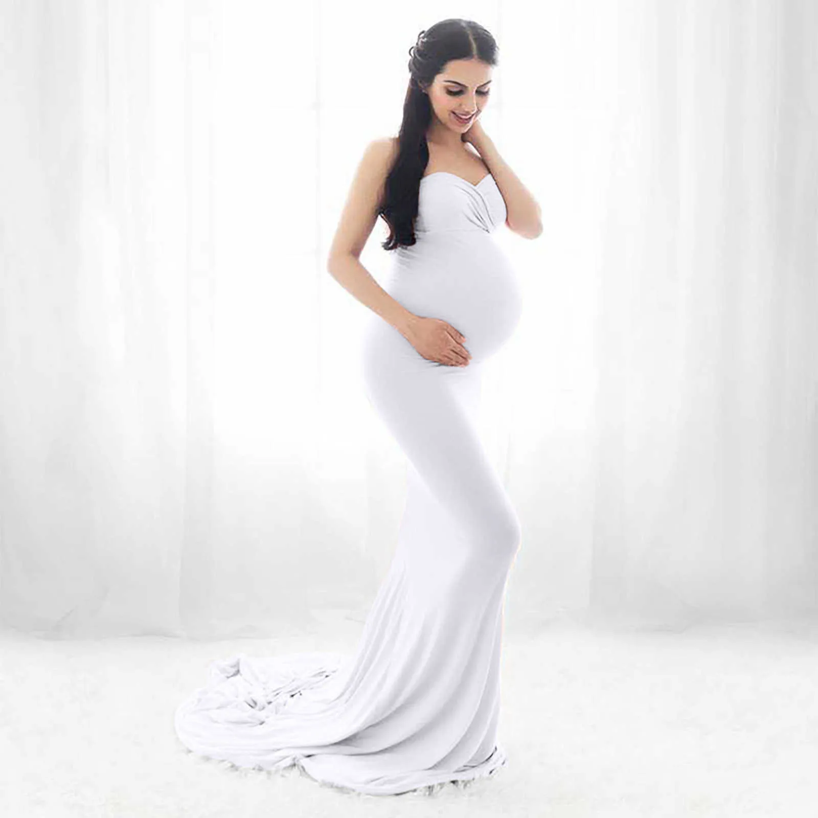 Strapless Elegant Lång Maxi Graviditet Foto Skytte Klänning Sexig V-Neck Maternity Kläder för gravida Kvinnor Fotografi Props X0902