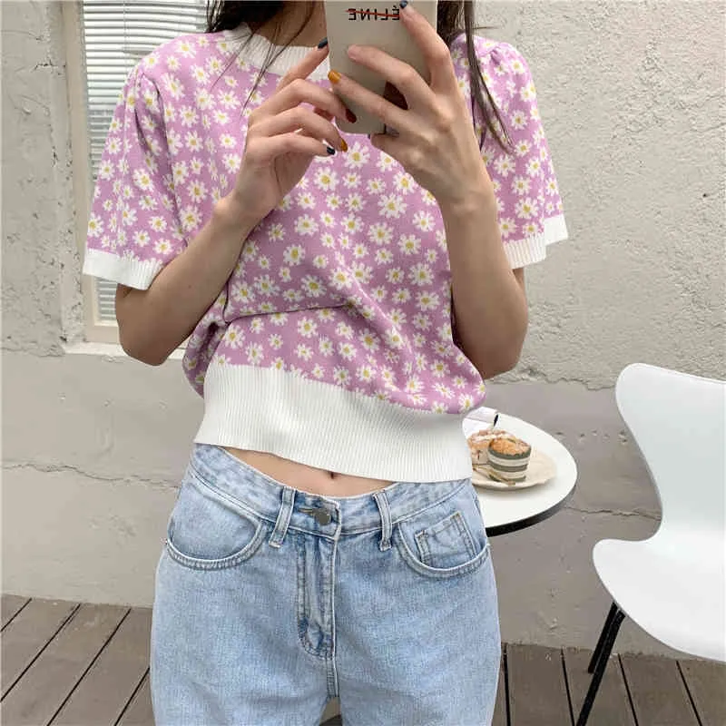 Daisy Knitted Korean Women Pullover Jumpers Summer Short Sleeve O-neck Tops Fashion Loose Ladies Sweaters 210513