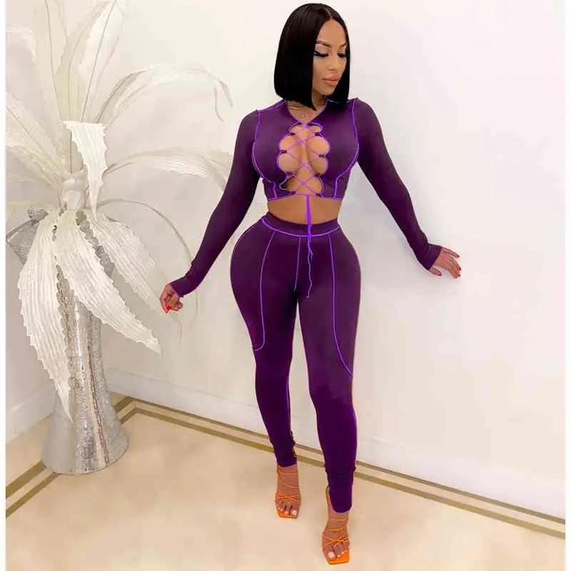 HAOYUAN Sexy Two Piece Set Criss-cross Lace Up Crop Top Pant Sweat Suits Party Club Birthday Outfits for Women Bodycon Tracksuit X0428