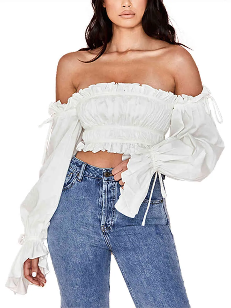 Kvinnor T-shirt Kvinna Long Flare Sleeve Off-the-Shoulder Short Tops Eleganta Damer Ruffles Solid Slim Ruched Kläder 210522