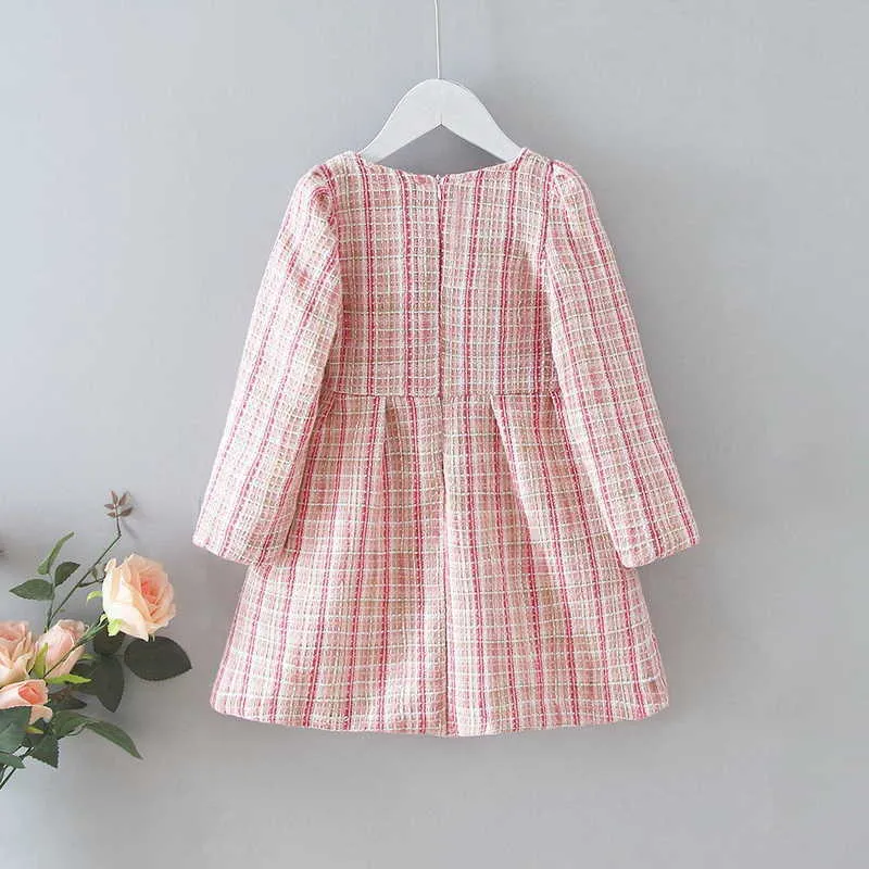 Koreaanse stijl lente kinderen meisjes jurk roze blauwe plaid lange mouw dame jurken kinderkleding E538 210610