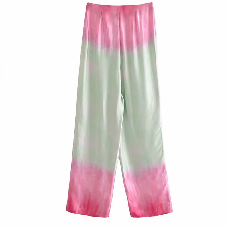 Kadın Yaz Moda Gevşek Takım Elbise 2-Piece Setleri ZA Kravat Boya Baskı Gömlek Tops ve Geniş Bacak Pantolon Kadın Sokak Giyim 210513