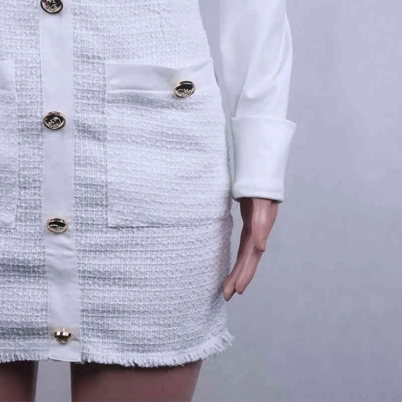 vit tweed skjorta klänning kvinnor höst vinter bodycon mini klänning vintage kontor knapp långärmad klänning vestidos 210415