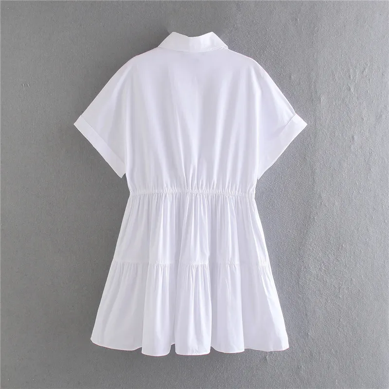 Fashion White Draped Mini Shirt Dress Women Summer O Neck Short Sleeve Female Dresses Vestidos 210430