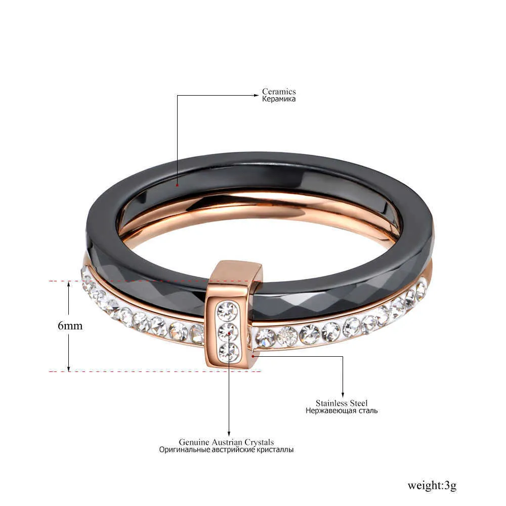 JeeMango 2 strati nero / bianco fedi nuziali in cristallo di ceramica gioielli anello di fidanzamento con strass in acciaio inossidabile oro rosa JR18054 X0715