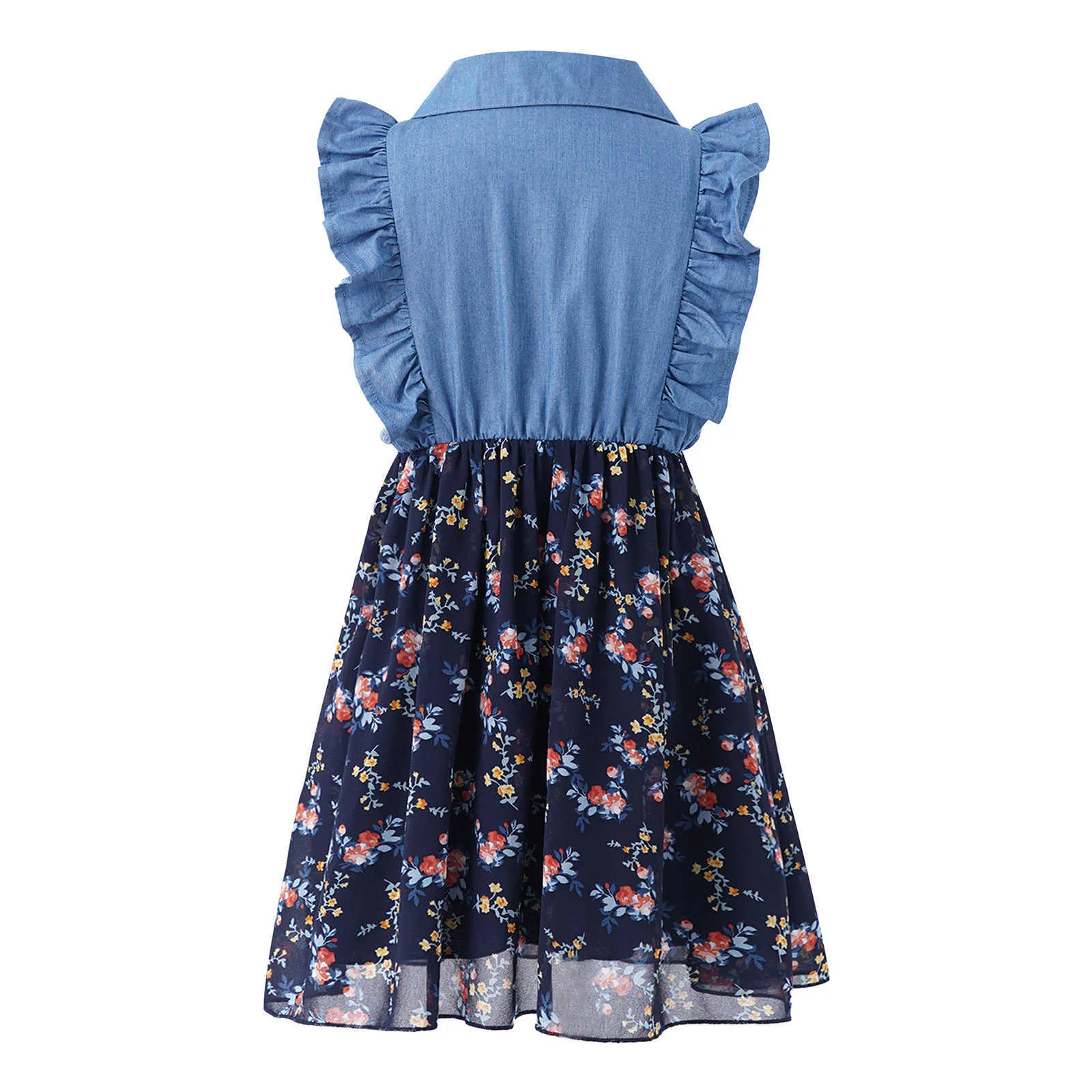 Kinder Mädchen Denim Kleid 2021 Neue Sommer Patchwork Kleidung Rüschen Ärmellose Puppe Kragen Blumen Druck Kleid Teen Casual Kleider Q0716