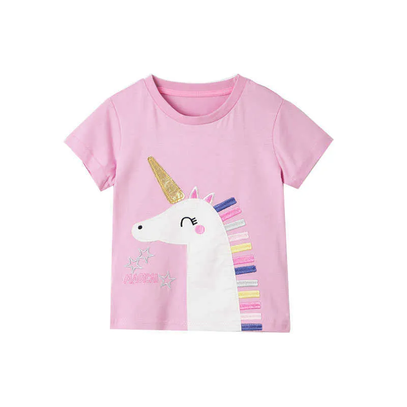 Hoppmätare sommar broderi barns tees ops bomull unicorn tjejer skjorta applique baby kläder skjortor 210529
