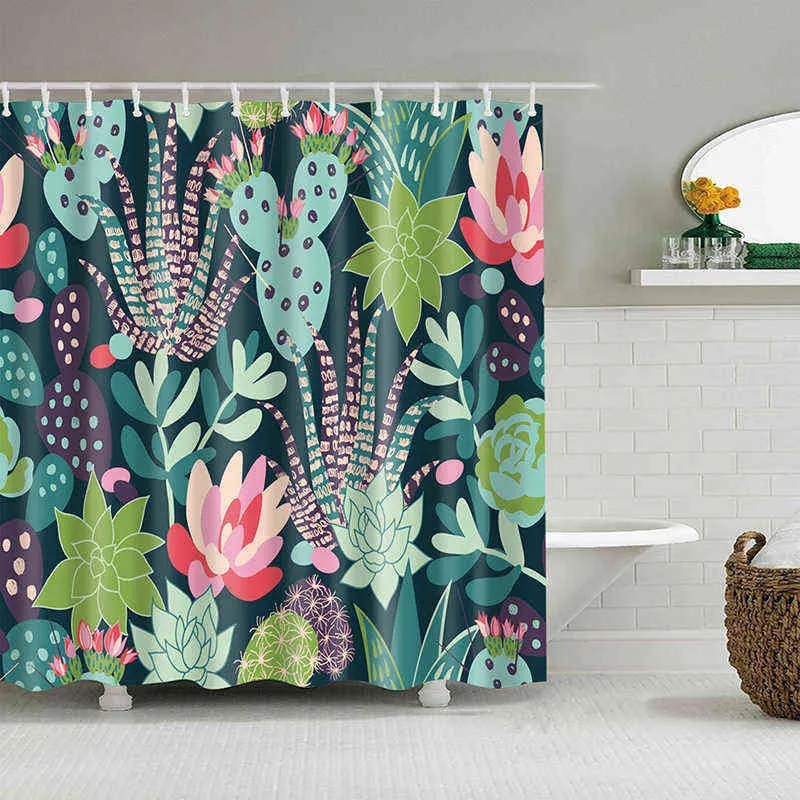 3D Floral Shower Curtains Cactus Flower Plant Bath Curtain With Hooks Polyester Fabric Curtain for Bathroom Decoration cortinas 211116