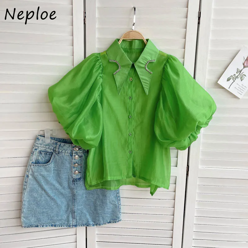 Neploe col rabattu bouffée à manches courtes couleur bonbon Blouse femmes perles conception Ol lâche Blusas été chemise Femme 210510