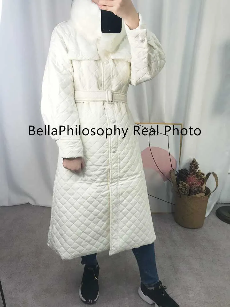 Bella Winter Langer gerader Mantel Rautenmuster Lässige Schärpen Damen Parkas Taschen Argyle Plaid Bubble Jacke 211018