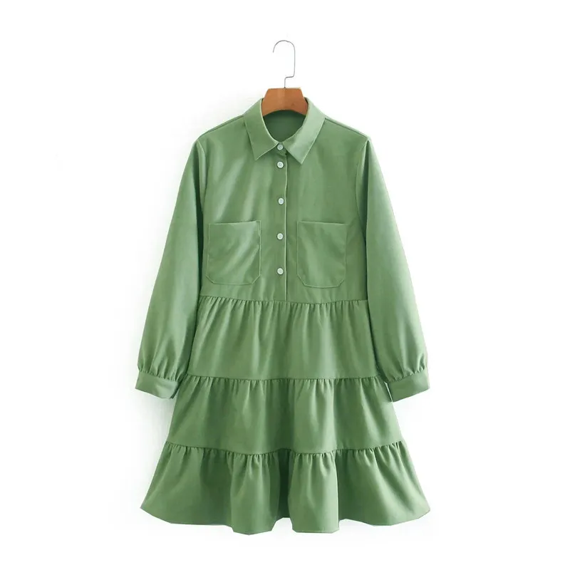Зеленое рюшанное мини-платье женщины весенние моды карманы ошейник с длинным рукавом женщина повседневная короткая es 210519