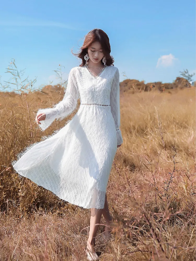 Frühling Weißes Feenkleid Weibliches Midi Boho Elegantes Vintage Langarm V-Ausschnitt Quaste Es Vestidos 210514