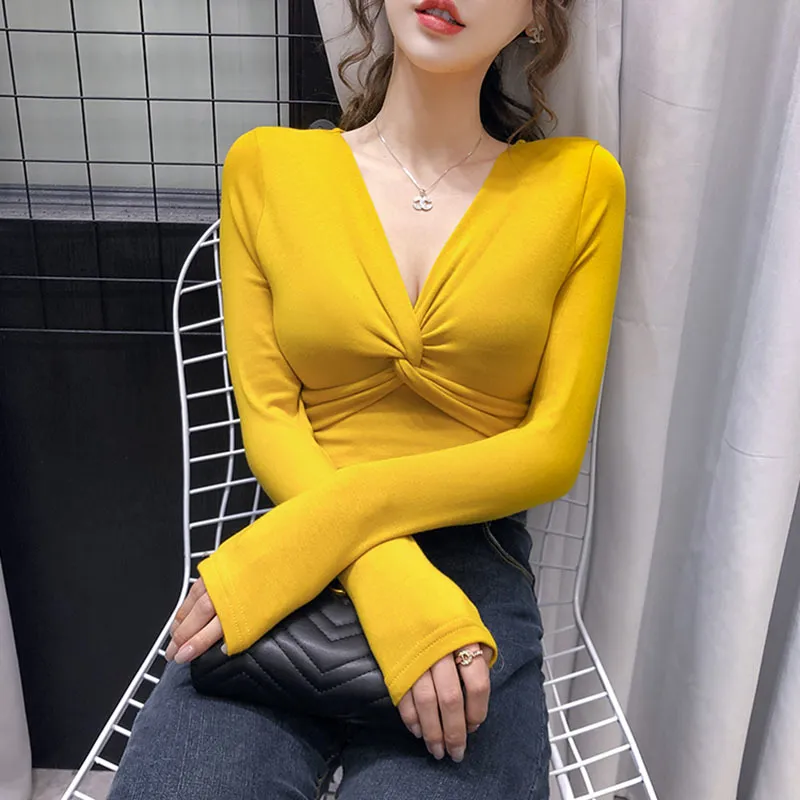 Spring Autumn Women's Tops Solid Color Twisted V-neck Long-sleeved Koreanstyle Slimming Female Bottoming LL223 210506