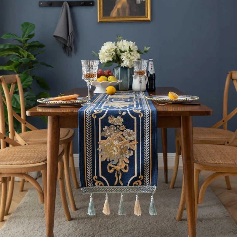 Dunxdeco Tassel Table Runner Party Long Cover Luxury European Rose Jacquard Soft Chenille Fabric Desk Dekoration Textil 210708