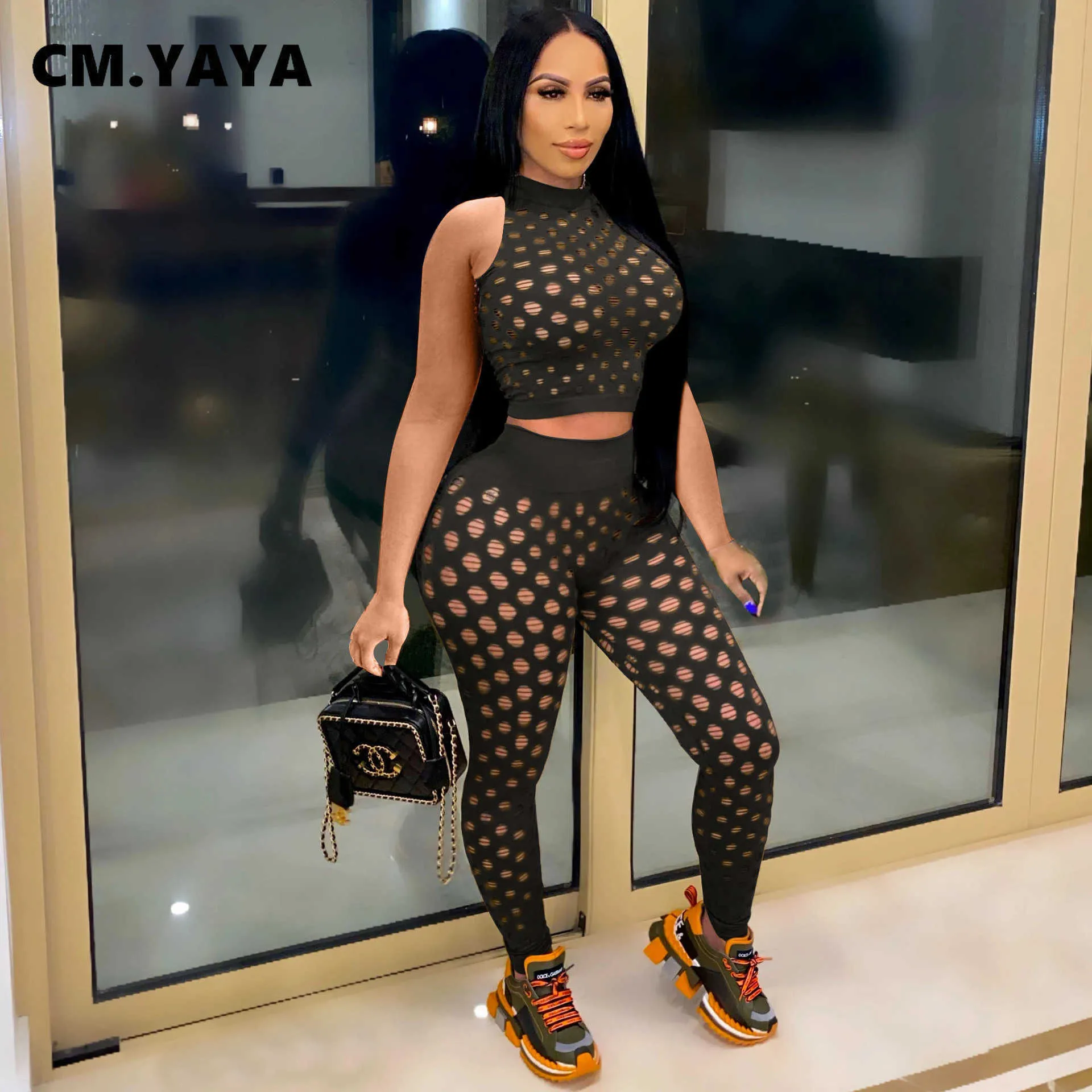 CM.YAYA Frauen Sets Solide Loch Durchsichtige Ärmellose Oansatz Crop Tops Mantel Elastische Lange Bleistift Hosen 2 Stück Set Sommer 2021 Y0625