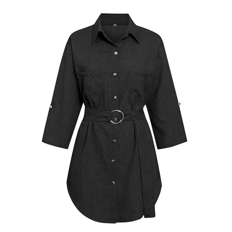 Le donne casual con risvolto solido vestono lungo Sexy cintura regolabile sottile da donna lavoro estate autunno camicia dritta femminile 210427