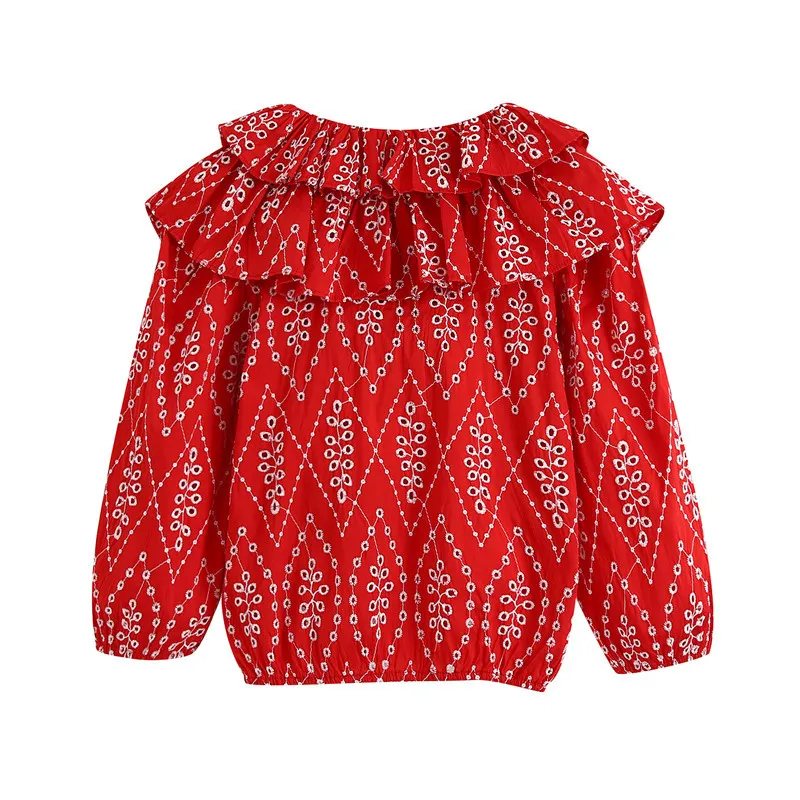 Femmes rouge évider broderie volants Blouses mode col en V trois quarts manches femmes chemises Blusas Chic hauts 210430