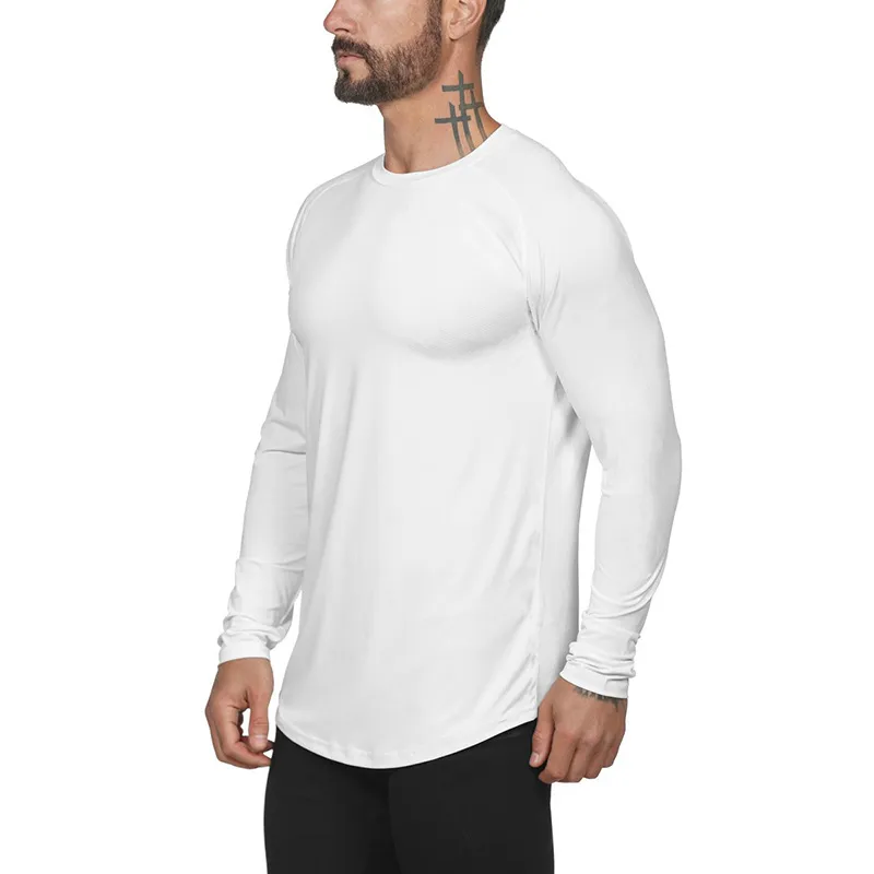 Nieuwe Mesh Effen Lange Mouw T-shirt Mannen Modemerk Kleding Slim Fit Fitness Hoge Stretch O Hals Bodybuilding T-shirt Mannelijke 210421