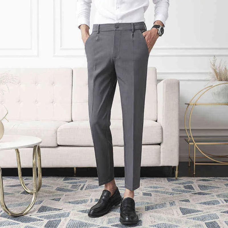 Pantaloni eleganti da uomo in tessuto non stirabile Pantaloni slim dritti neri albicocca Pantaloni da completo casual grigio scuro Pantaloni da business maschili con piedini 211108