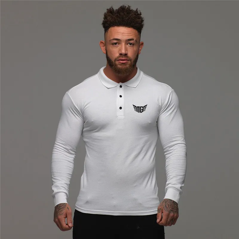 MuscleGuys Polo Shirt Män Höst Mode Långärmad Turn-Over Collar Slim Fit Toppar Casual Andningsbar Solid Färg Business Shirt 210421