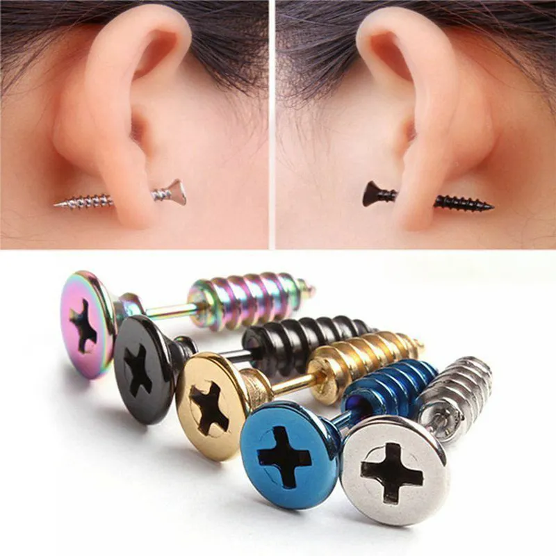 Orecchini unisex in acciaio inossidabile Orecchini a chiodo Croce Vite Piercing Falso Cheater Plug Tunnel Gioielli gotici Punk Rock uomo Donna256Z