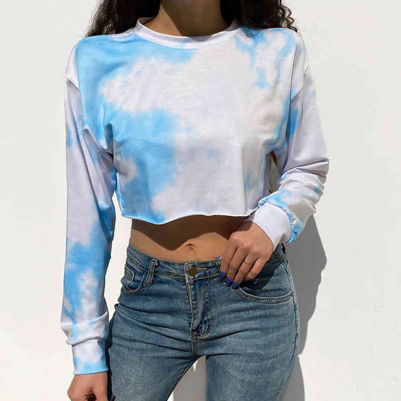 Tie Dye Y2k Crop Top Vrouw Sweatshirt Dames Mode Koreaanse Kawaii Harajuku Esthetische lange mouw Pullover Streetwear 210510