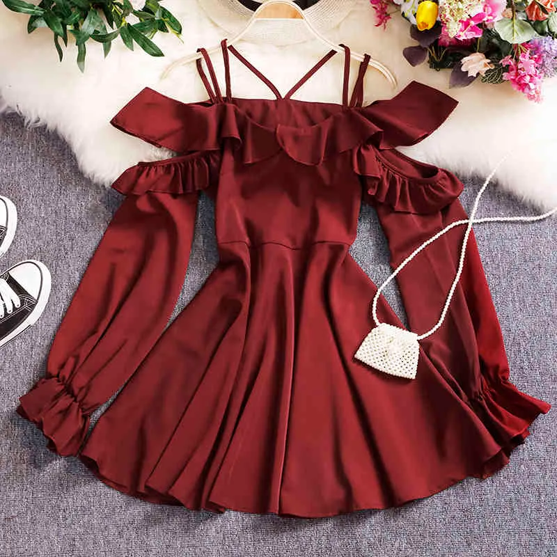 Spring 2020 Fahsion Women Sexy Off The Shoulder Hollowing Out Strapless Dress Ladies Puff Sleeve Spaghetti Strap Slim Dresses X0521