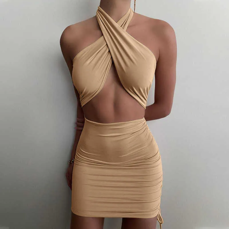 Casual halter nacke klänningar för kvinnor sommar ihålig ut bandage mini klänning sexig nattklubb Bodycon draped svart klänning 210604