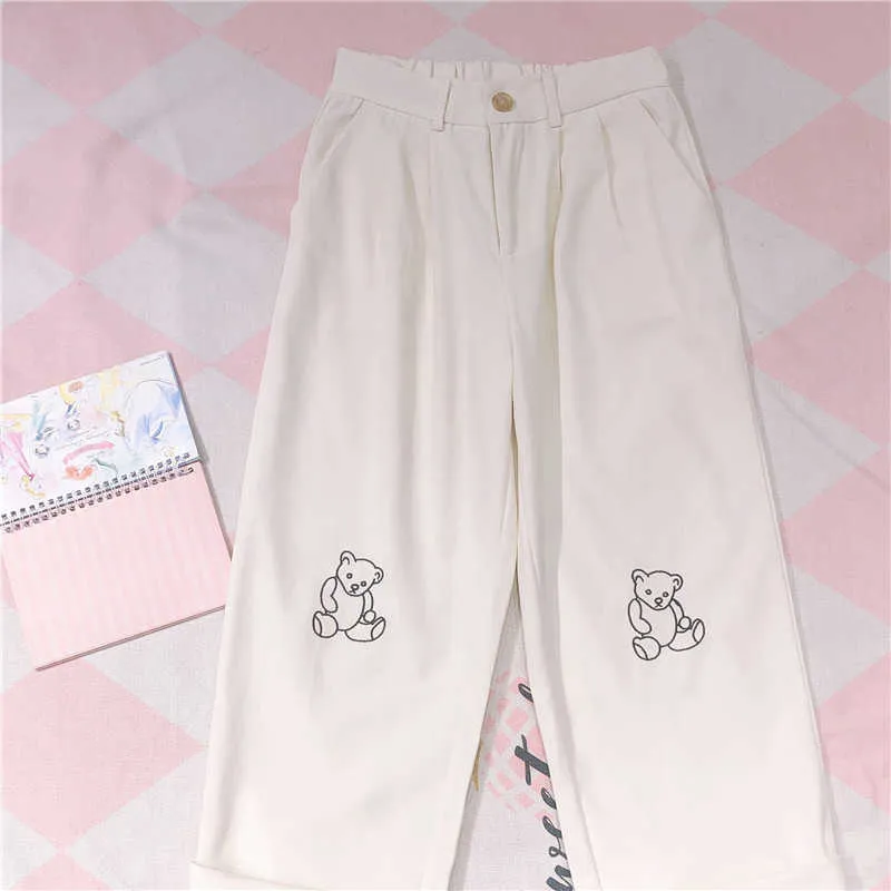 Japońskie Kawaii Kobiety Harajuku Koreańskie Dziewczyny Luźne Cienki Niedźwiedź Haft Spodnie Wild Casual Kobiet Cute Small Fresh Pant 210925