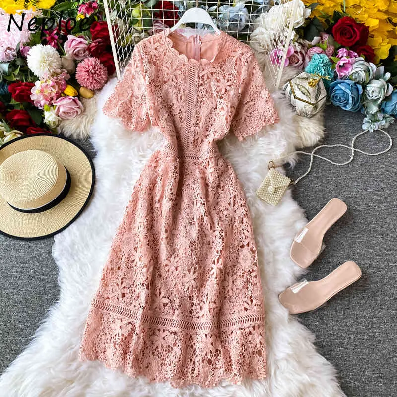 Neploe Élégant Dentelle Patchwork Crochet Fleur Robe Femmes Taille Haute Hanche Une Ligne Longue Robes O Cou À Manches Courtes Robe D'été 210423