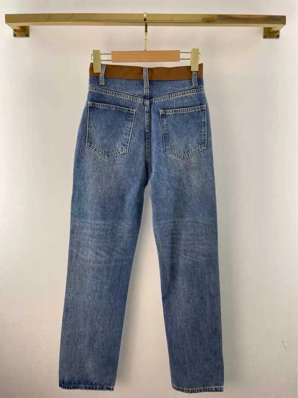21ss Selin's automne et hiver lavage épissage cuir Standard taille haute Tube droit bleu jeans décontractés femmes