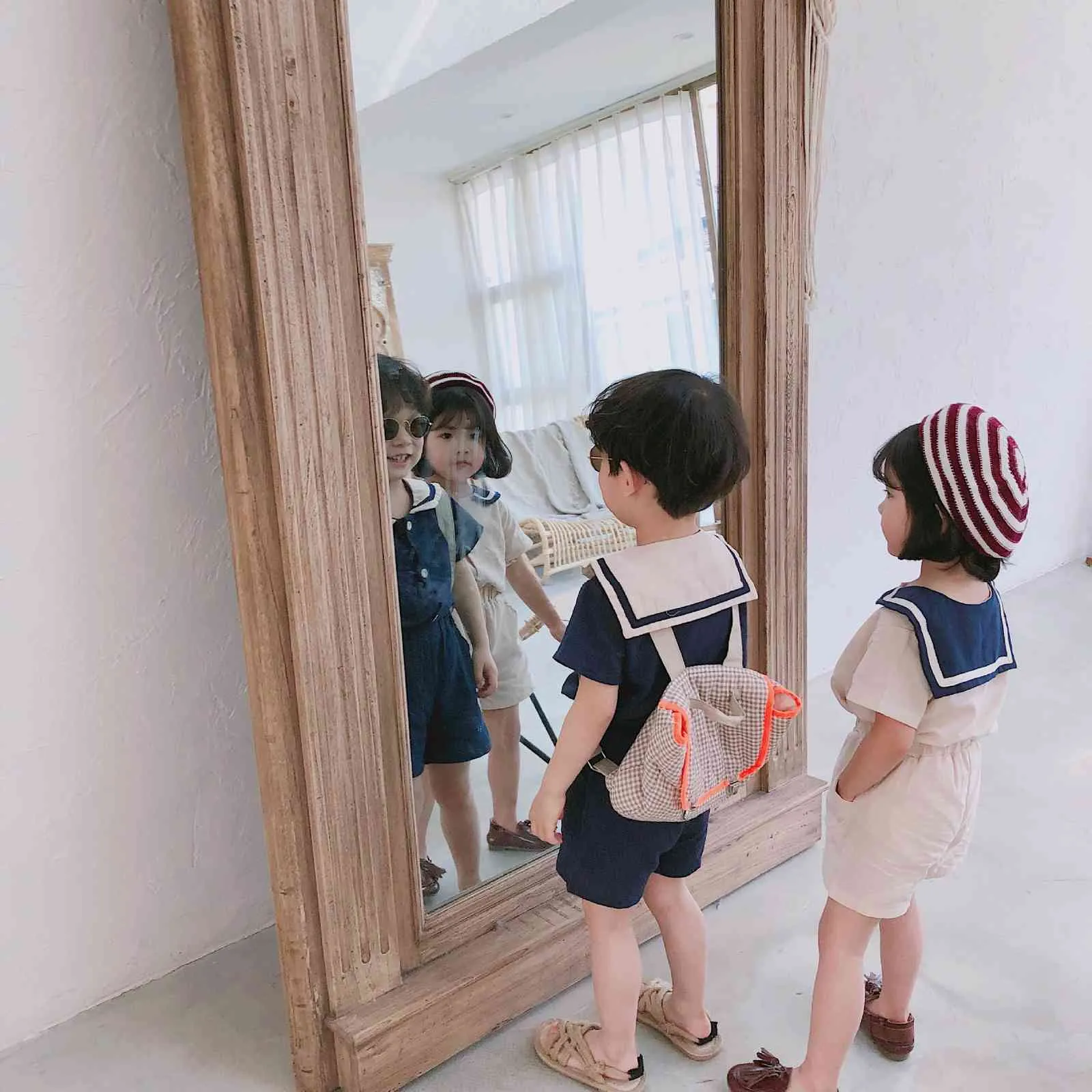 Japonés estilo verano niños niñas moda kindergarten ropa conjuntos niños algodón lino suave collar de marinero camiseta y pantalones cortos 210508