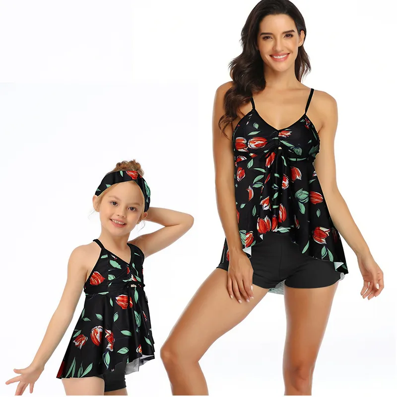 Famille Mère Fille Bikini Maillot De Bain Été Rose Feuille Imprimer Maillots De Bain Femmes Enfants Filles Tankini Beachwear Maillot De Bain 210417