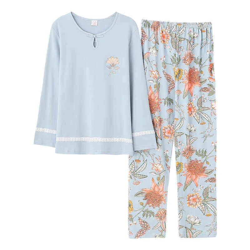 Outono Mulheres Inverno Pijamas Casa Roupas Plus Size Sleepwear Set Longo Manga Pijama Para As Mulheres Pijama Conjuntos 100% Algodão Pijamas 211112