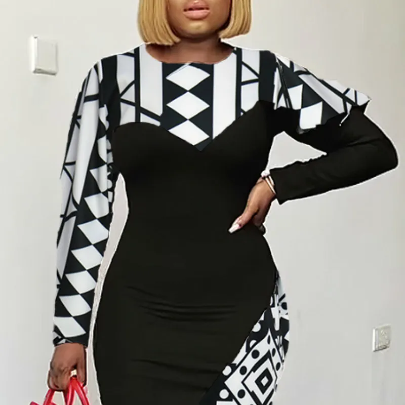 女性プリントドレスパッチワークビンテージブラックブロックカラー長袖ボディコンレトロエレガントなファッション控えめなアフリカの女性vestidos 210416