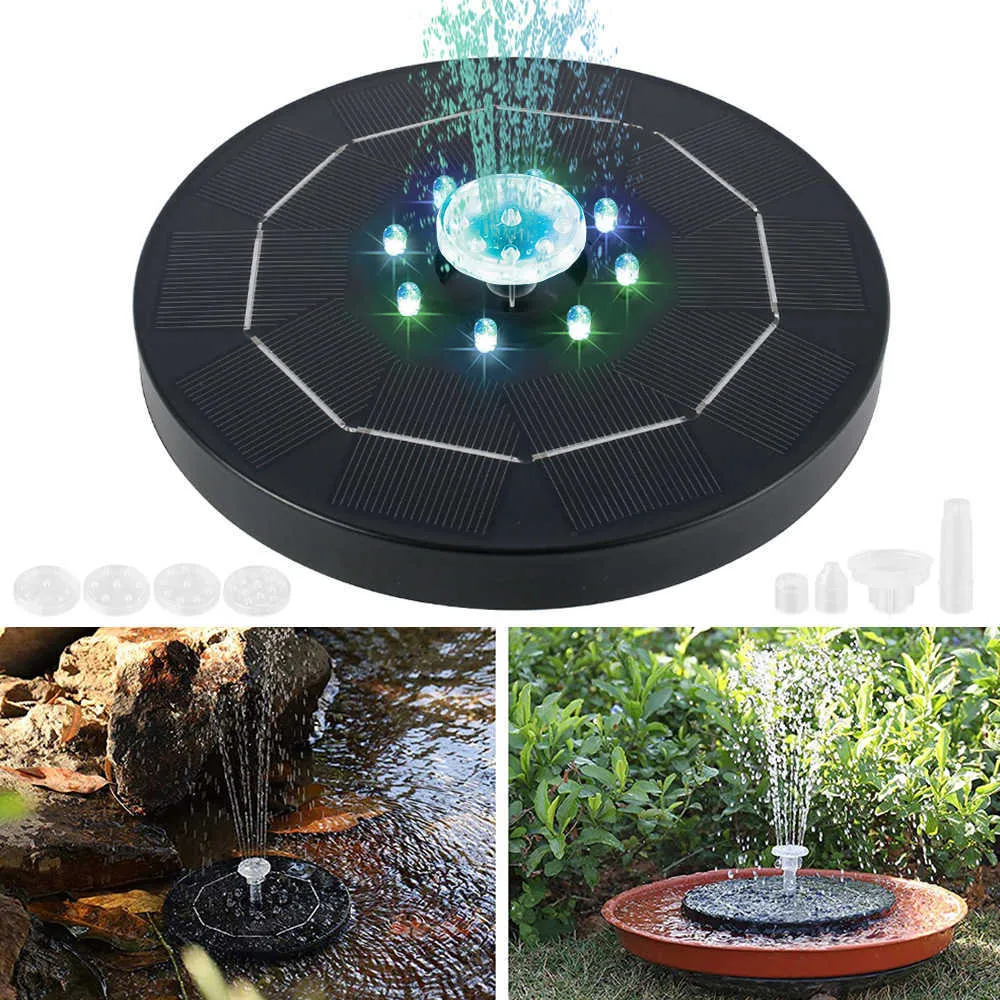 Pompe flottante de fontaine d'eau solaire de jardin de 5V 3W avec 8 LED Décoration de piscine d'étang de bain d'oiseau 200L / H Décor de patio 1500mAh 210713