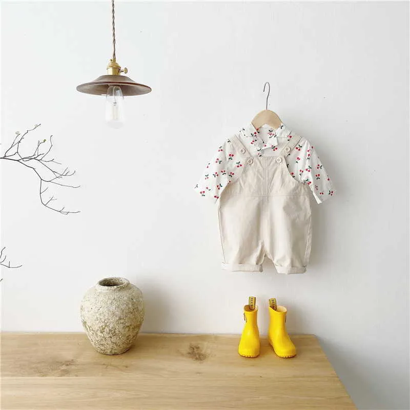 Spring Korean Style Baby Girl 2-PCs Sets Cherry Long Sleeves Shirts + Overall Kinderkleding E5032 210610