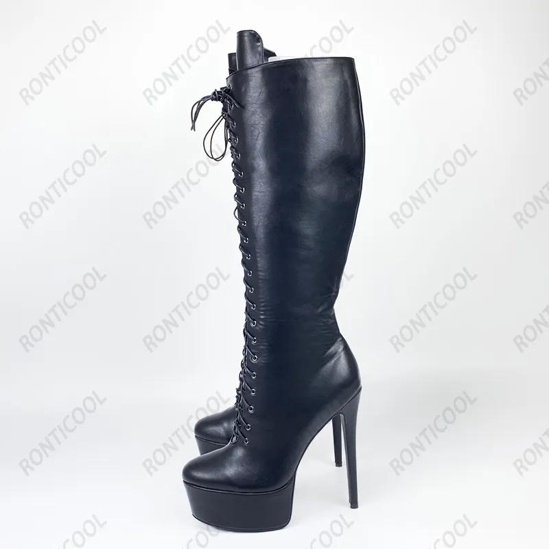 Rontic haute qualité femmes hiver genou bottes imperméable talon aiguille bout rond Boutique noir robe chaussures Plus taille américaine 5-20
