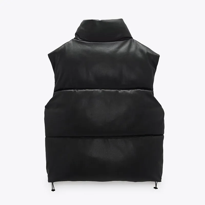 Black Parka Vest Women's Waistcoat Winter Jacket Sleeveless Vest Stand Collar Adjustable Hem PU Leather Jacket Vest Women Coat 210515