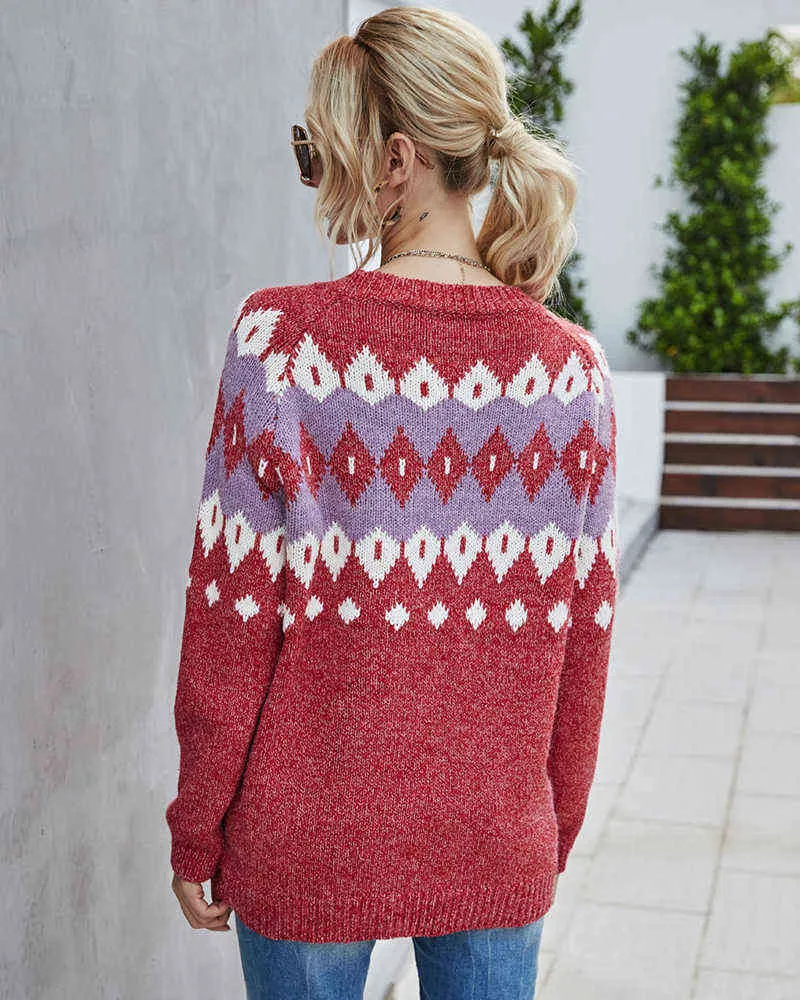 FitShinling Bohemian Vintage Kadınlar Noel Kazak ve Kazaklar Geometrik Kırmızı Jumper Triko Tatil Çirkin Kazak Kış Y1118