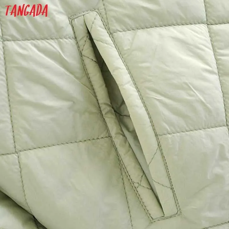 Tangada Frauen grün kariertes Muster dünne Parkas Winter Reißverschlusstaschen weiblich warm elegant Mantel Jacke QN49 210914