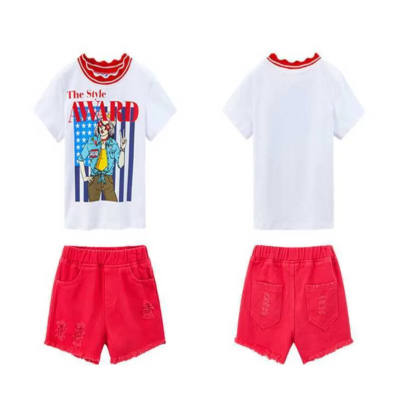 Sommar tonåringar tjejer 2-pcs set cartoon t-tröjor topp + röda shorts barn mode kläder e22077 210610